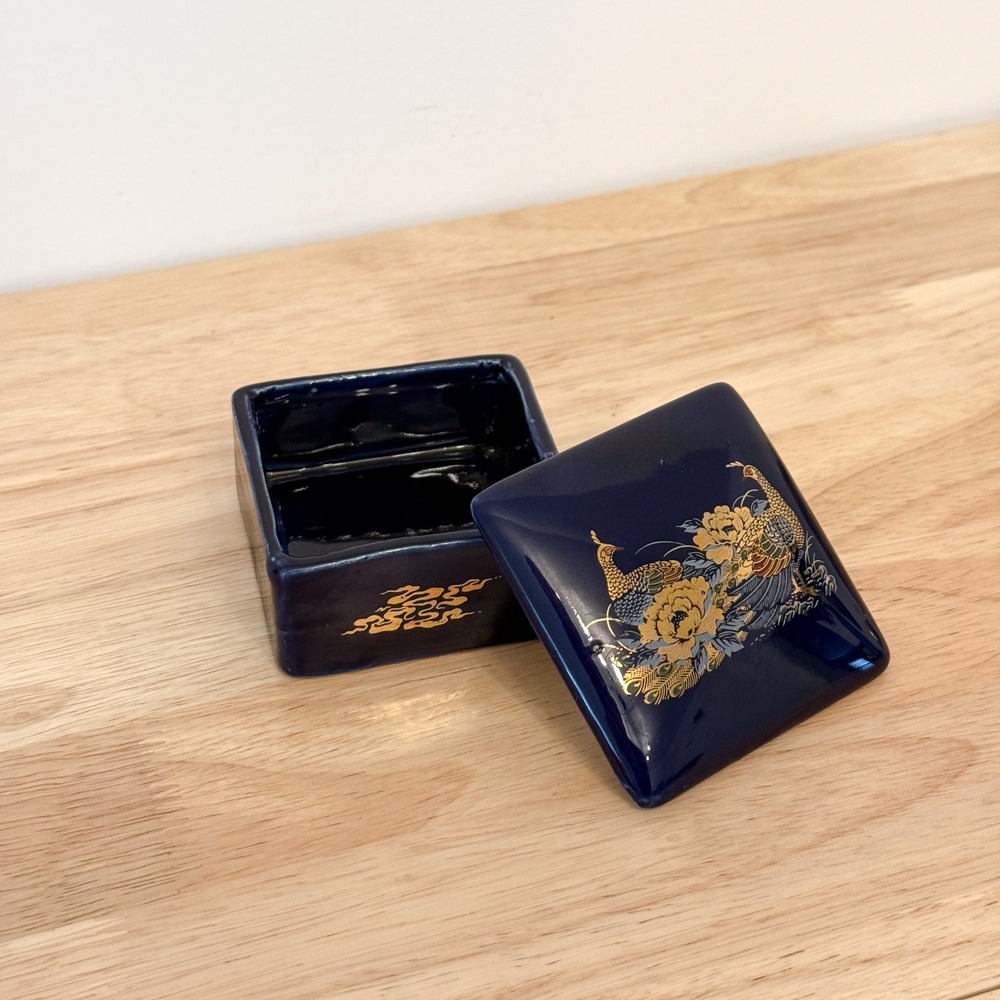 Ceramic Peacock Trinket Box Blue | Gold